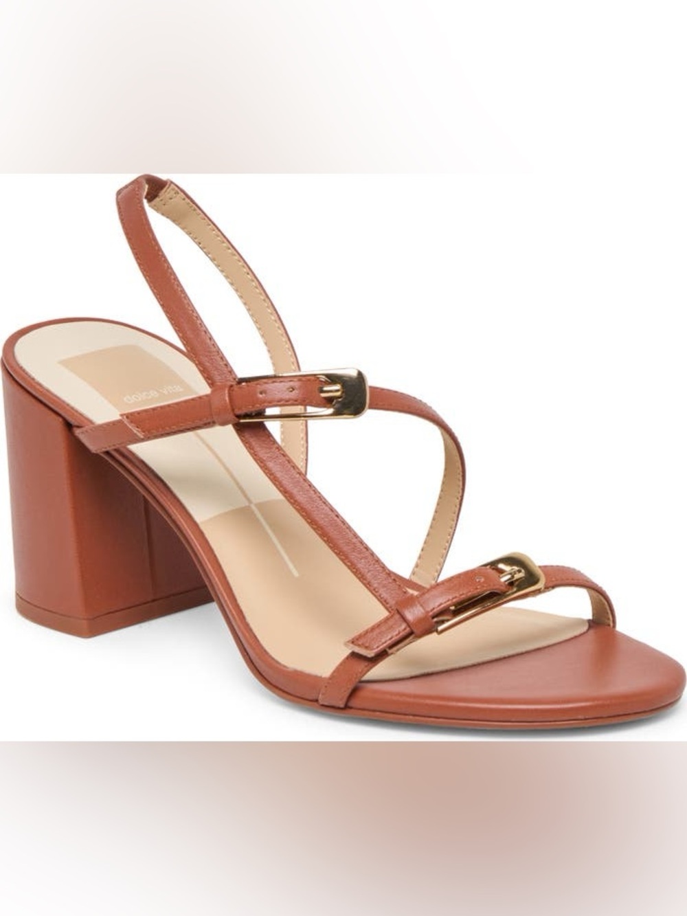 Dolce Vita Cognac Leather Strappy Gold Buckle Faye Slingback Block Heel Sandal